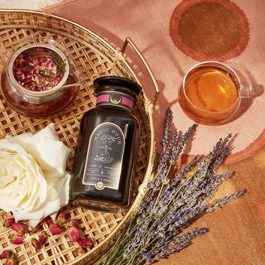 Child's Pose™ Herbal Adaptogen Tea for Sleep & Restful Calm: Violet Glass Apothecary Jar (60-75 Cups)