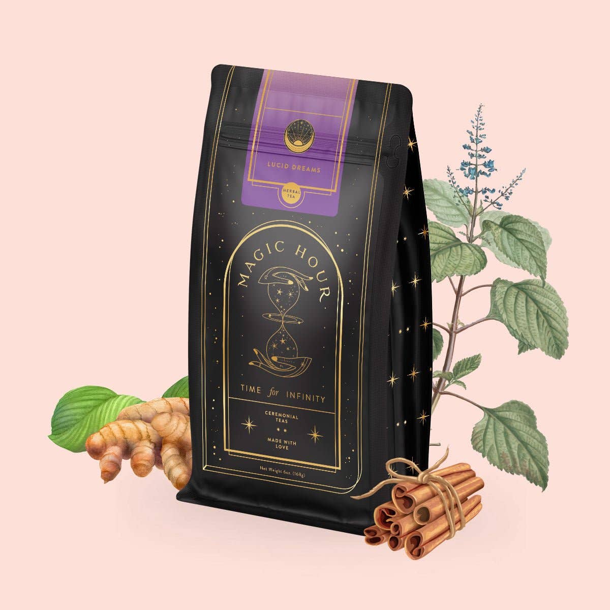 Lucid Dreams: Tulsi-Turmeric Herbal Tea for Sleep & Calm: 6 oz Violet Glass Apothecary Jar (75+ Cups)