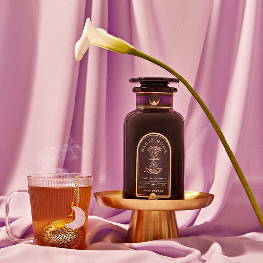 Lucid Dreams: Tulsi-Turmeric Herbal Tea for Sleep & Calm: 6 oz Violet Glass Apothecary Jar (75+ Cups)