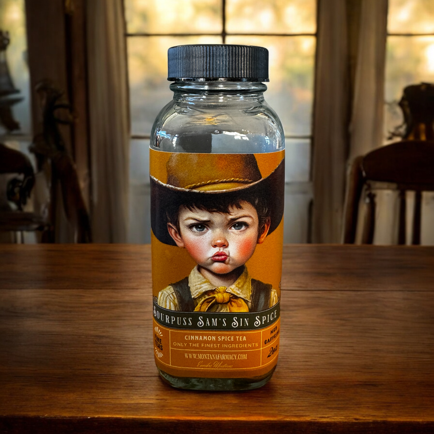 Sourpuss Sam cowboy pouty Tea Cinnamon Spice IN glass jar