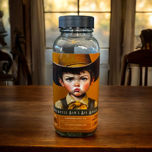 Sourpuss Sam cowboy pouty Tea Cinnamon Spice IN glass jar
